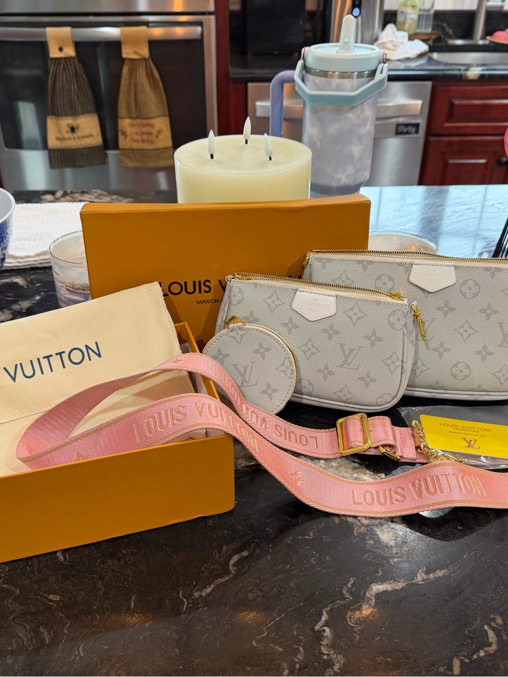 Louis Vuitton Light Gray Monogram Multi-Pochette with Pink Strap